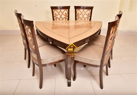 Tri Angular Solid Acacia Wood Table With 6 Carved Chairs Furniture Holz