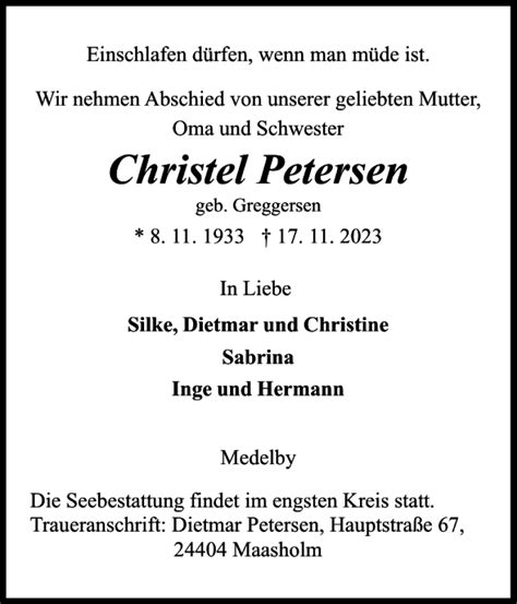 Traueranzeigen Von Christel Petersen Sh Z Trauer