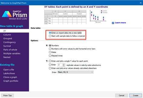 With Prism 8, how can I create an empty data table? All I see are lists of tutorial data. [or ...