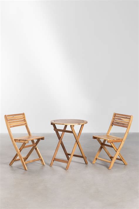 Set van ronde tafel Ø60 cm en 2 inklapbare tuinstoelen in acacia