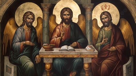 Jesus At The Table With Three Angels Background Blessed Trinity