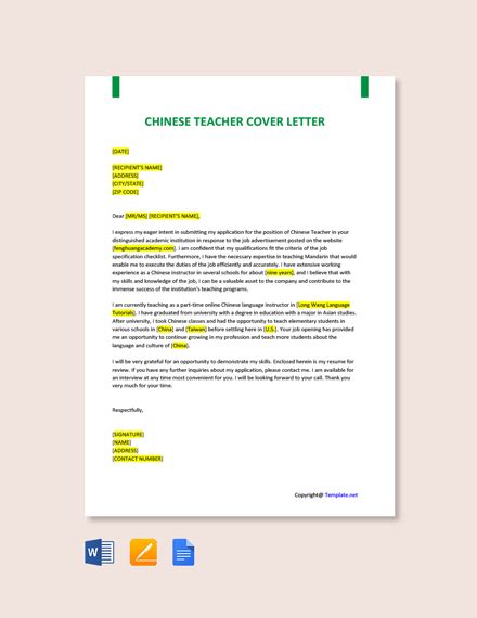 Free Chinese Teacher Cover Letter Template - Google Docs, Word ...