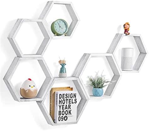 YBING Lot de 8 étagères murales hexagonales flottantes en bois pour