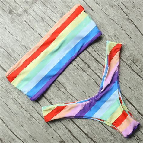 Bandeau Swimsuit Women Rainbow Printed Bikini Set Sexy Hollow Bikini