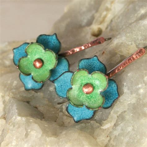 Flower Copper Enamel Earrings Aqua Blue Patina Green Boho Moroccan Enameled Colorful Jewelry By