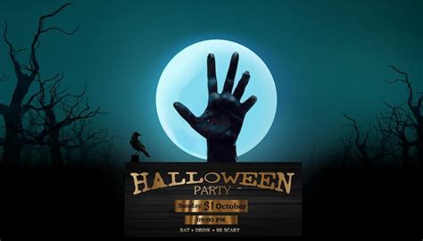 Premium Vector | Halloween party, silhouettes Dark hand on the full moon poster design