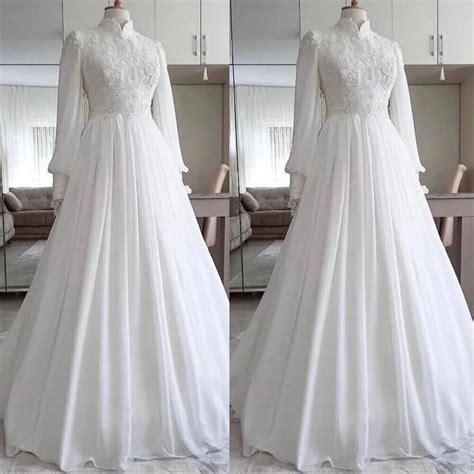 High Neck Muslim Wedding Dresses Chiffon Long Sleeves Lace Appliques