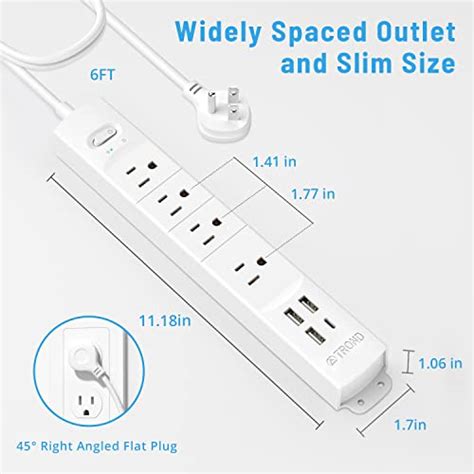 Surge Protector Power Strip With USB TROND Ultra Thin Flat Plug 6ft