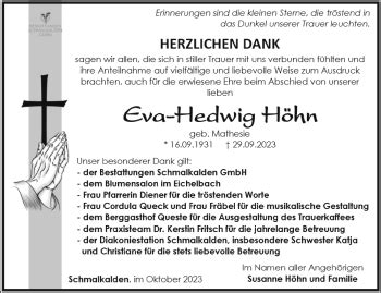 Traueranzeigen von Eva Hedwig Höhn franken gedenkt de