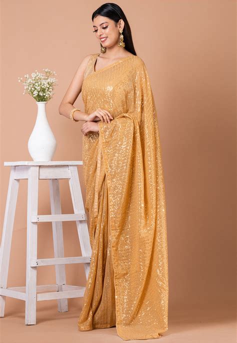 Buy Sequinned Georgette Saree In Beige Online Scsa Utsav Fashion