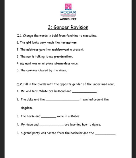 Gender Nouns Worksheet Gender Of Nouns Worksheet Colin Mays