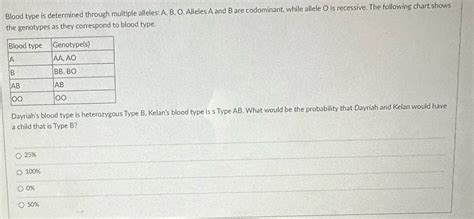 Solved: Blood type is determined through multiple alleles: A, B, O ...