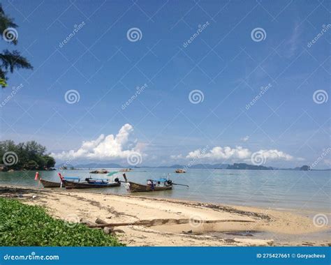 Boats On Klong Muang Beach On A Sunny Day Krabi Province Thailand