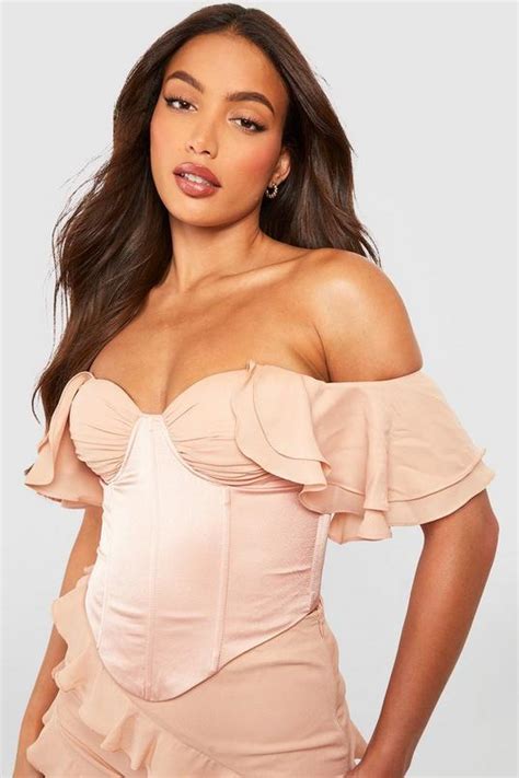 Champagne Tall Satin And Chiffon Corset Off Shoulder Top Boohoo Uk