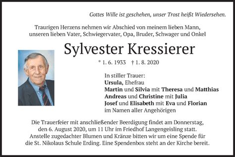 Traueranzeigen Von Sylvester Kressierer Trauer Merkur De