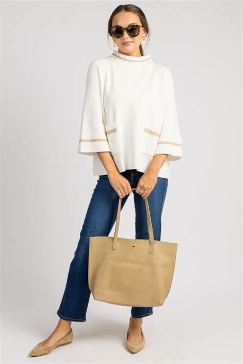 Stripe Trim Pocket Sweater Cream New Arrivals The Blue Door Boutique