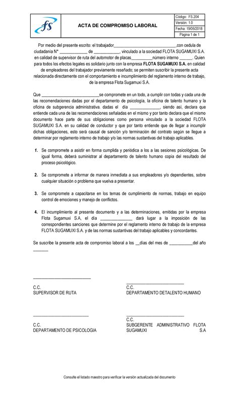 FS 204 Formato De Acta De Compromiso Laboral V1 ACTA DE COMPROMISO