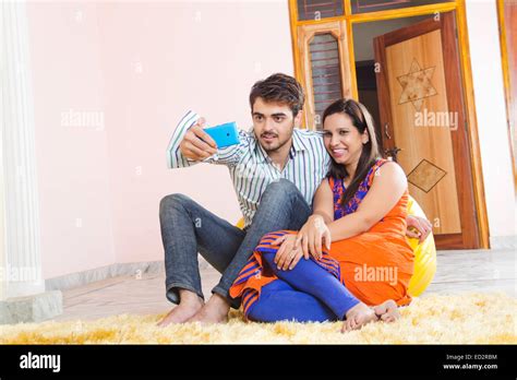 2 Indian Married Couple Sitting Home Selfie Phone Stock Photo Alamy