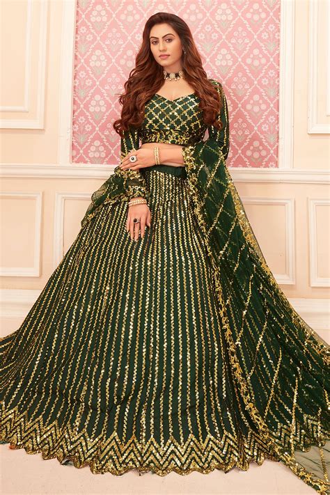 Buy Dark Green Sequin Embellished Satin Silk Lehenga Online Like A Diva