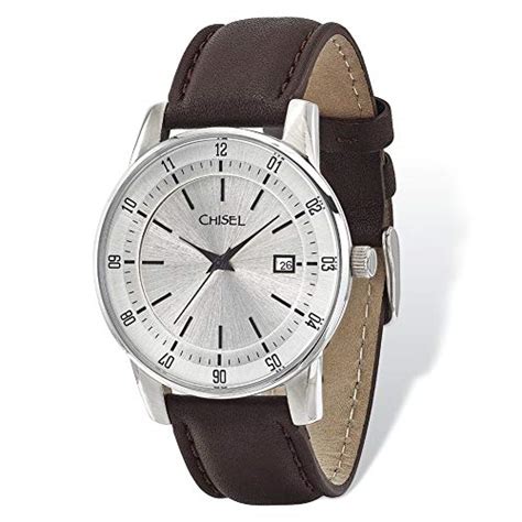 lex lu chisel mens stainless steel silver dial brown leather