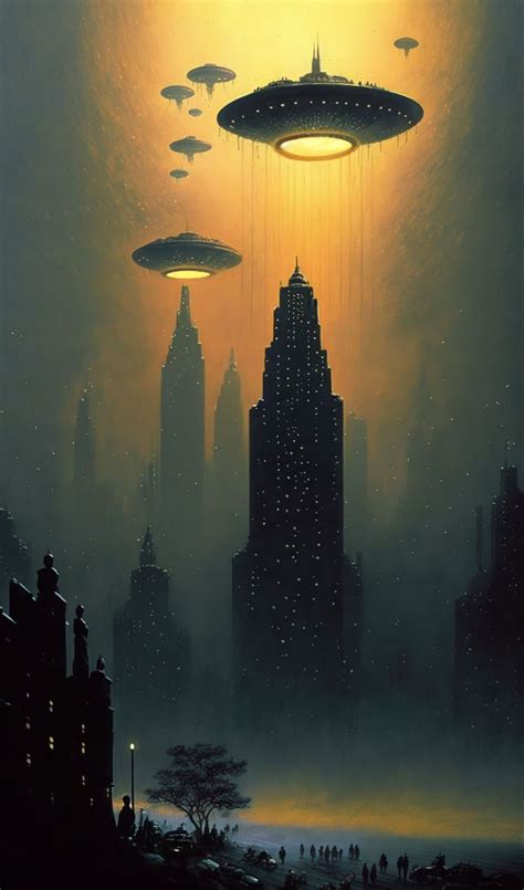 UFOs Hovering over City | Alien art, Alien worlds, Ufo art