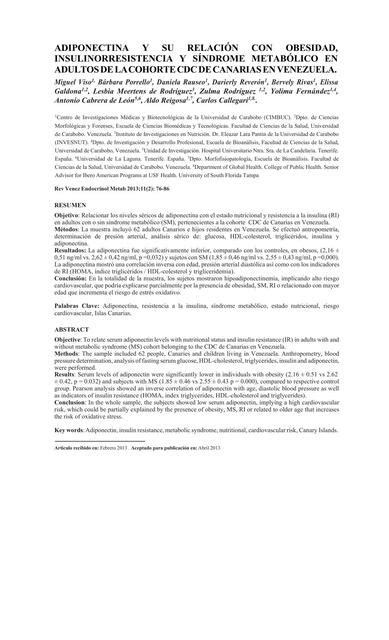 Adiponectina Y Su Relación Con Obesidad Insulinoresistencia Y Síndrome Metabólico En Adultos