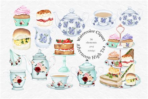 Watercolor Tea Party Clipart High Tea Time Clip Art Vintage Etsy