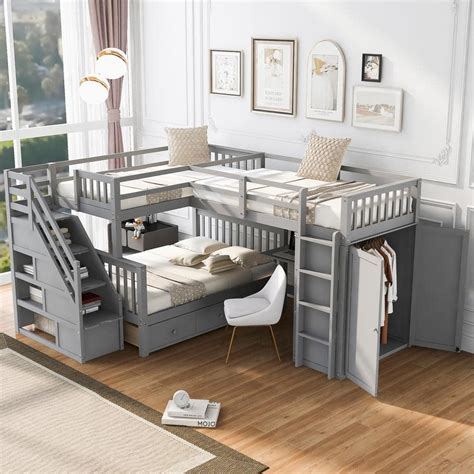 Harper And Bright Designs L Shaped Gray Twin Twin Over Full Wood Bunk Bed