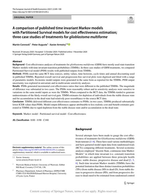 A Comparison Of Published Time Invariant Markov Models With Partitioned Survival Models For Cost