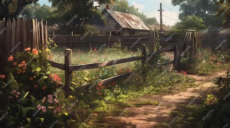 Premium AI Image | A painting of a country road with a fence and flowers.