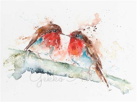 Robins Kiss Watercolour Print Wildlife Artist Sandi Mower Gekko Art