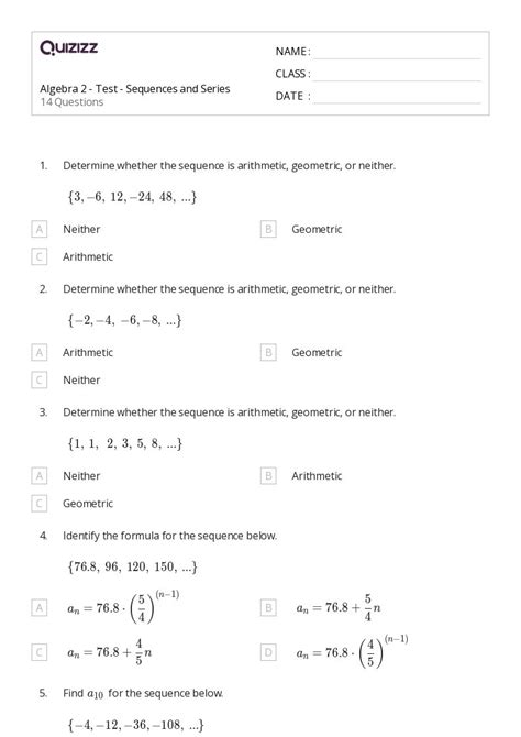 50 Sequences And Series Worksheets For 10th Grade On Quizizz Free