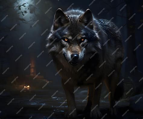 Premium AI Image | Angry wolf with glowing eyes in dark night