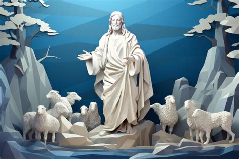 Premium AI Image | jesus statue surrounded by sheep in paper art style