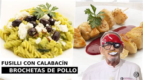 FUSILLI con CREMA DE CALABACÍN BROCHETAS de POLLO con salsa de