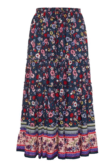 Navy Floral Tiered Gypsy Skirt Yours Clothing