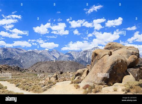 Some Unique Rock Formations At Alabama Hills With Sierra Nevada In The