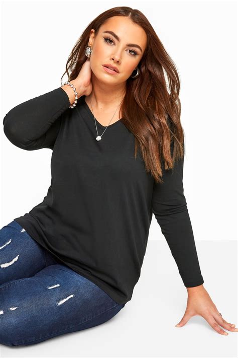 Black V Neck Long Sleeve Top Sizes 16 36 Yours Clothing