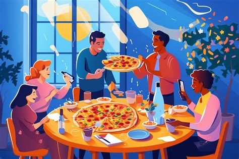 Premium Vector People Eating Pizza Together Cartoon Style