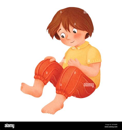 Little Boy Is Sitting On The Floor Child Looks Down Cartoon Character