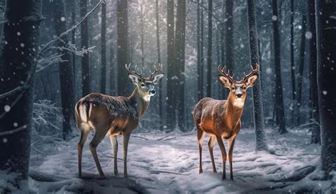 Dos ciervos en un bosque con árboles cubiertos de nieve Foto Premium