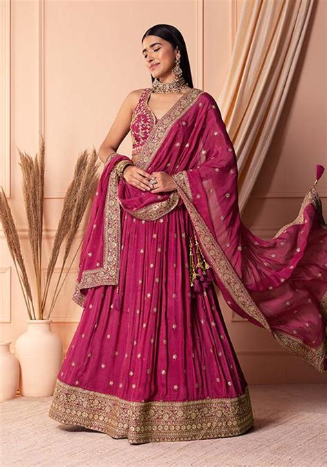 Buy Women Dark Pink Zari And Sequin Embroidered Lehenga Set With Blouse