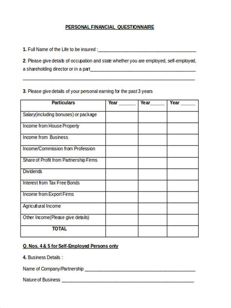 Free Financial Questionnaire Form Samples Pdf Ms Word Google Docs