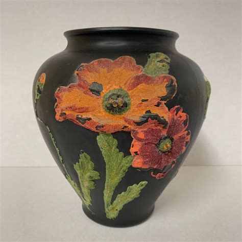 Vintage Tiffin Black Satin Glass Vase Hand Painted Coralene Poppy 8 1 2 Tallのebay公認海外通販｜セカイモン