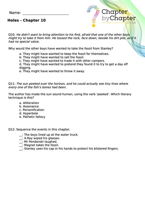 Holes Chapter Questions KS2 | Reading Comprehensions Year 5/6