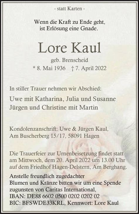 Traueranzeigen Von Lore Kaul Trauer In Nrw De