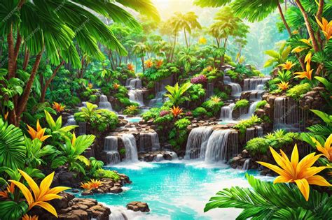 Premium AI Image | Jungle with waterfalls falling into the lake