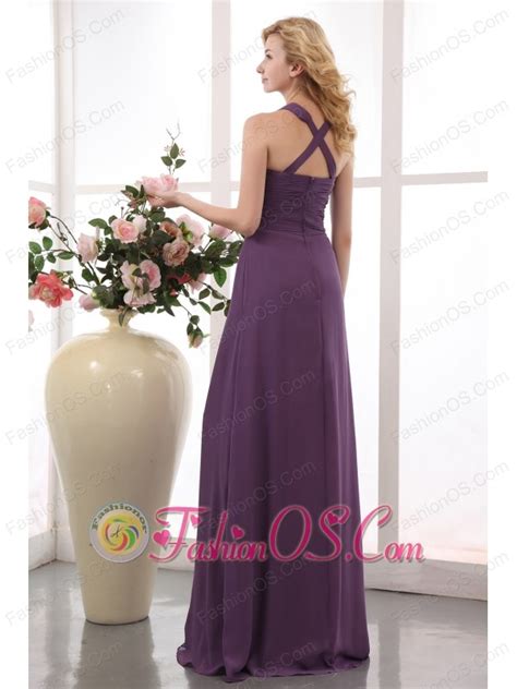 Elegant Purple Empire V Neck Bridesmaid Dress Floor Length Chiffon Ruch