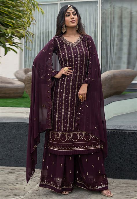 Wine Faux Georgette Pakistani Suit