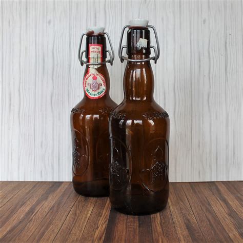 Vintage Brauer Bier Beer Bottle Set Of 2 Brown Amber Glass Bottle With Ceramic Cap And Bail